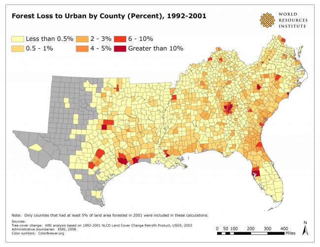 Figure 2. Urbanization is a leading cause of deforestation—the permanent loss of forests to another land use—in the South. Counties with the greatest loss of forest due to urbanization were in the fringe of rapidly growing metropolitan areas, including Atlanta, Georgia; Raleigh, Charlotte, and Greensboro, North Carolina; Houston, Dallas, Austin, and San Antonio, Texas; Tampa and Jacksonville, Florida; Louisville, Kentucky; and the northern Virginia suburbs of Washington, DC.