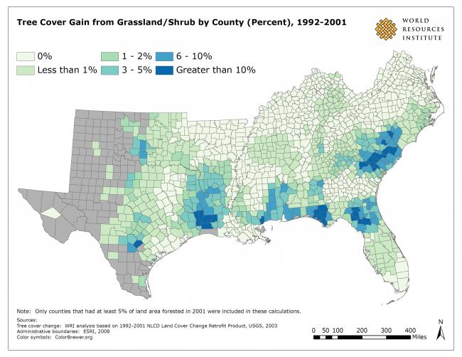 Figure 4. Forestry was responsible for the greatest amount of change in forests. Many counties with the greatest loss of forests to grassland/shrub (recently cleared or newly regenerating forests) also had the greatest amount of forest gain. Most of this change took place in rural areas of the South.