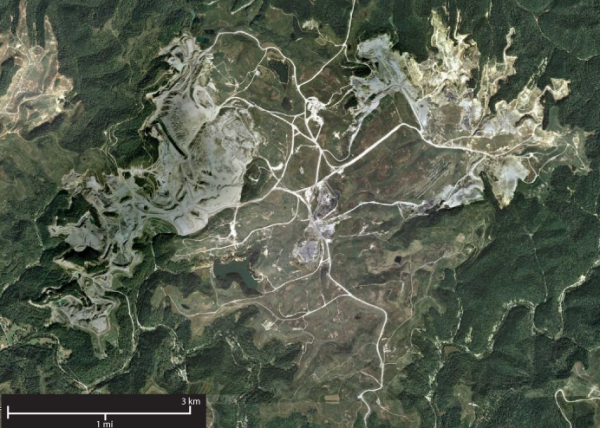 High resolution satellite image of a mountaintop removal mining site west of Vest, Kentucky.