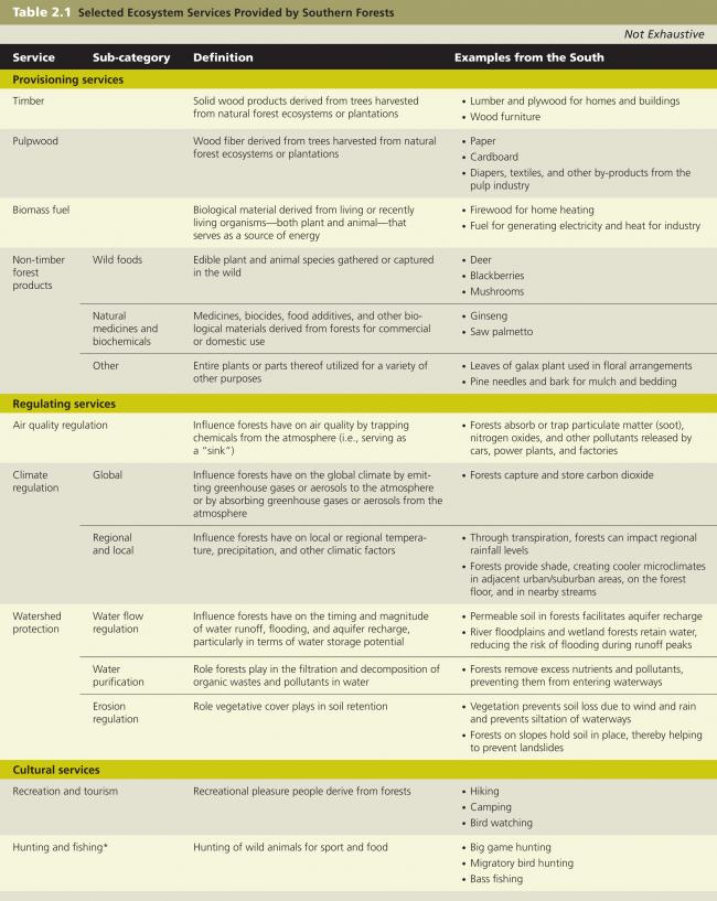 *Hunting and fishing can be considered a provisioning service, too, in that these activities yield wild food.
Source: Adapted by the World Resources Institute from the Millennium Ecosystem Assessment, 2005.